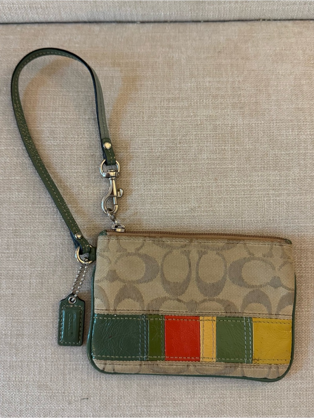 📚Coach | Signature Canvas Wristlet with Green, Red, Yellow Accent Stripes 📚